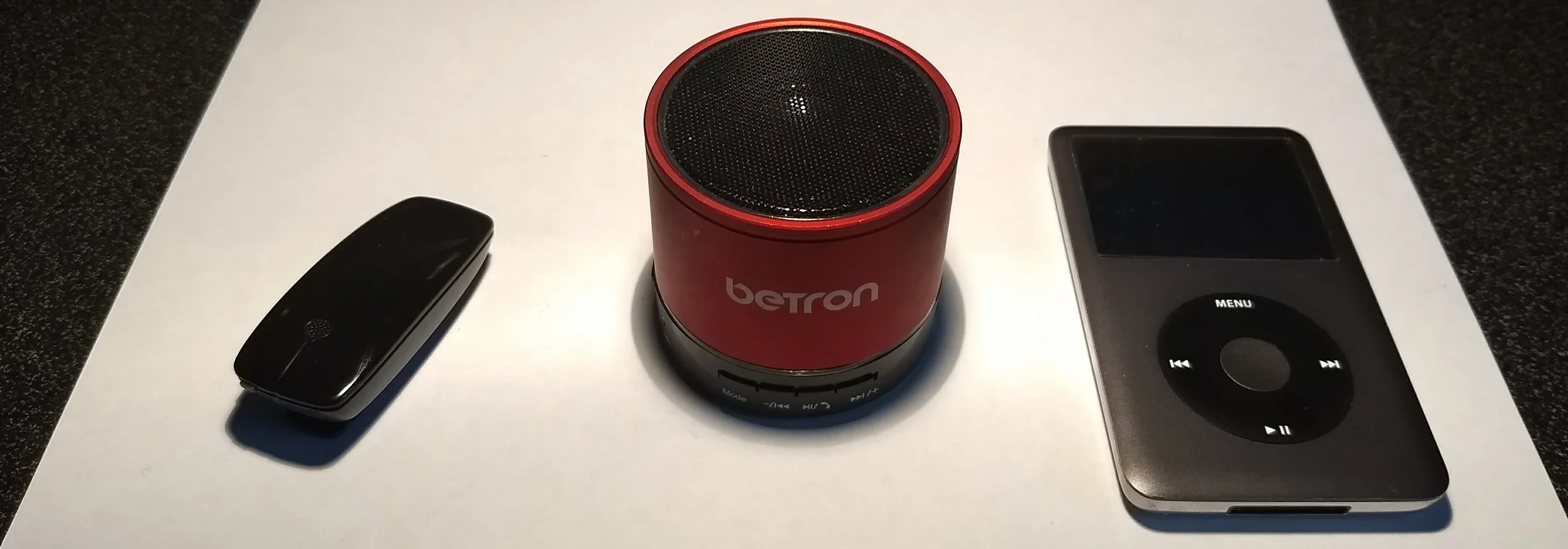 The Cochlear Bluetooth Wireless Mini Microphone 2, portable speaker + the iPod Classic.