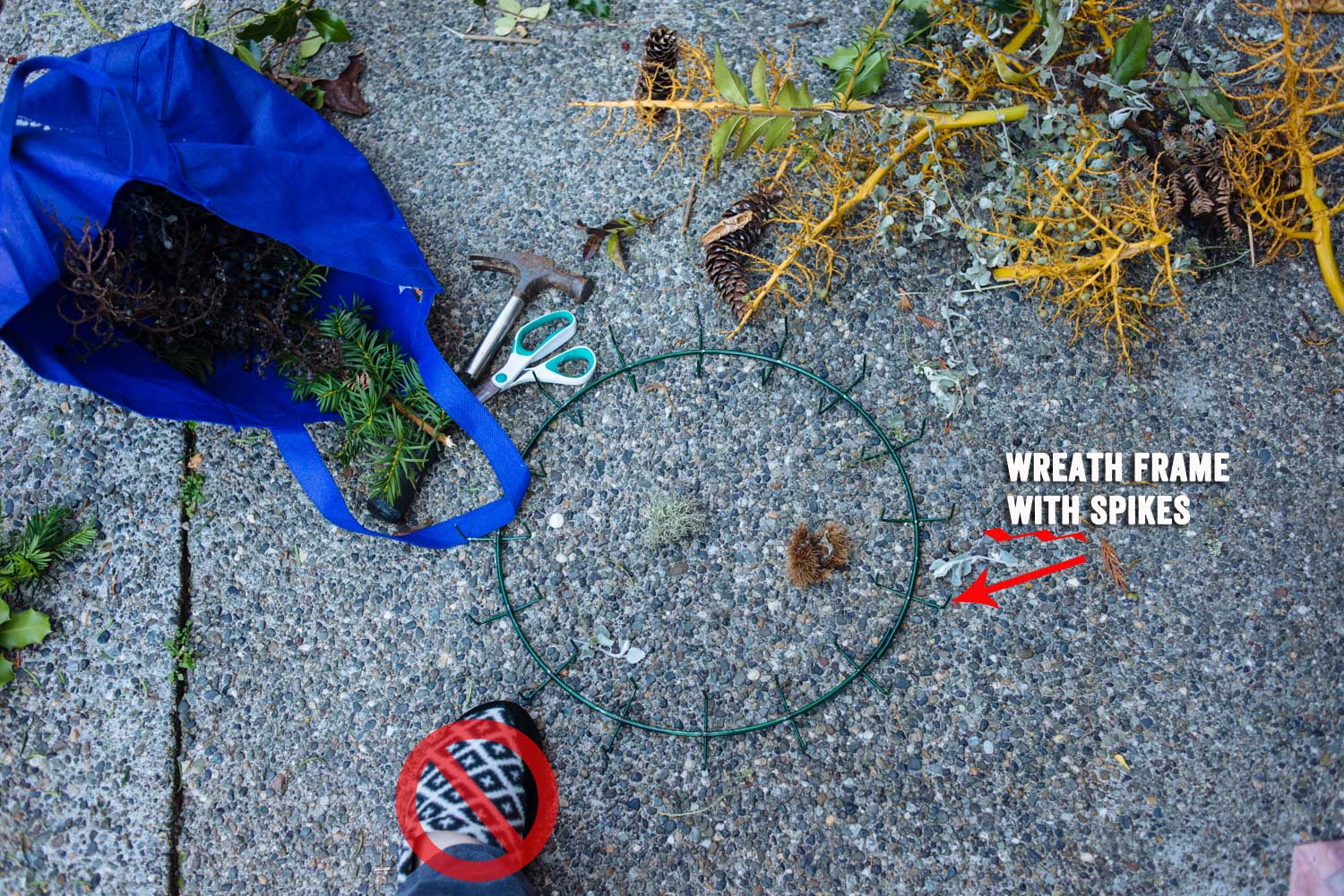 Ok, on to wreath construction: Supplies: Something to cut with (official clippers would probably work better), something to bang down the spikes (I tried pliers, hammer worked better), tree and plant cuttings (seek out little bits of color. Dead stuff looks good too!), wreath frame with spiky things. Warning: Do not wear soft soled slippers for this activity. Ouch!!