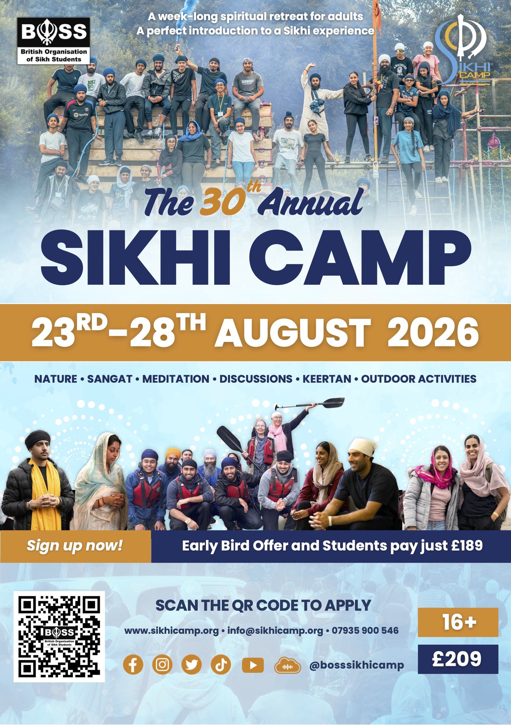 A blue poster advertising BOSS Sikhi Camp 2026. Orange strip with the dates 23rd to the 28th August 2026. Contains images of previous attendees. Sign up via the website www.sikhicamp.org