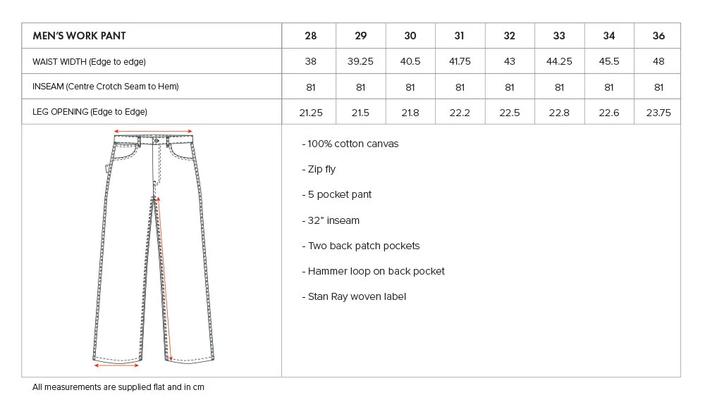 Size Chart Work Pant — Stan Ray Official AU Site
