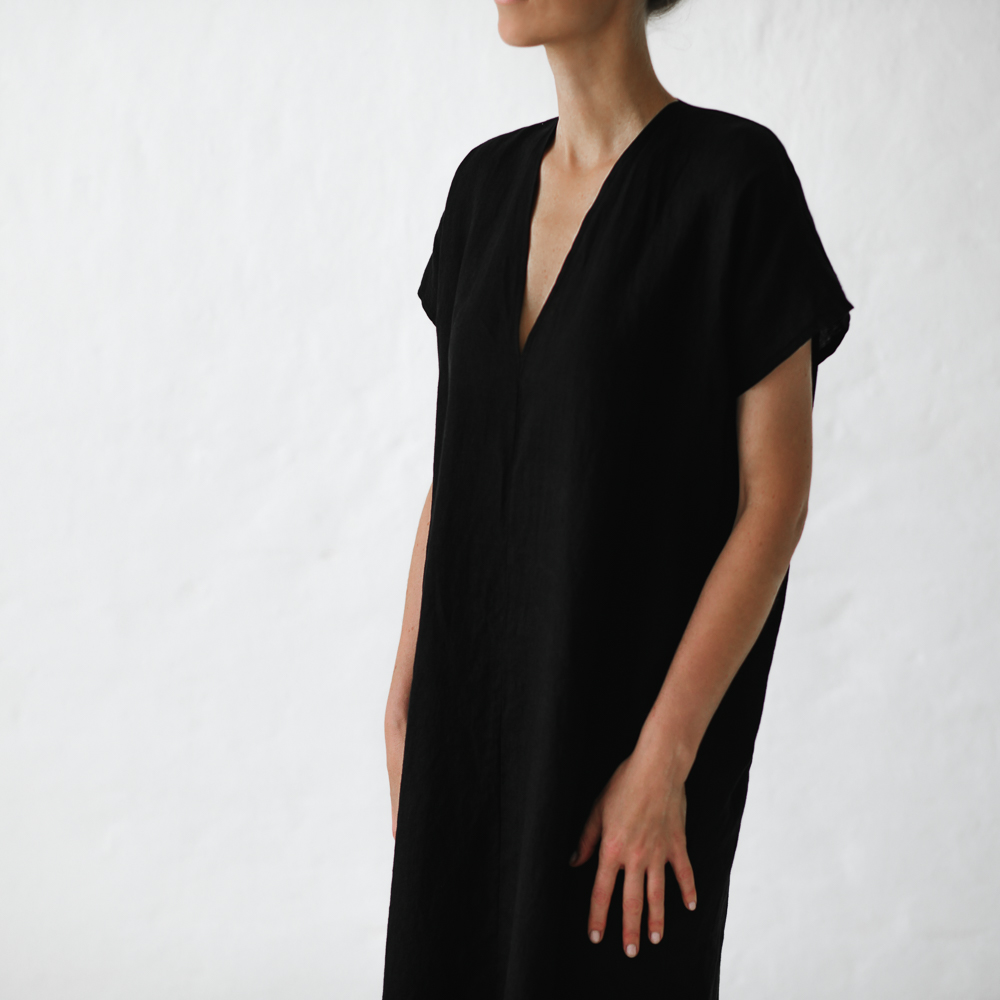 linen V neck dress black — SEASIDE TONES