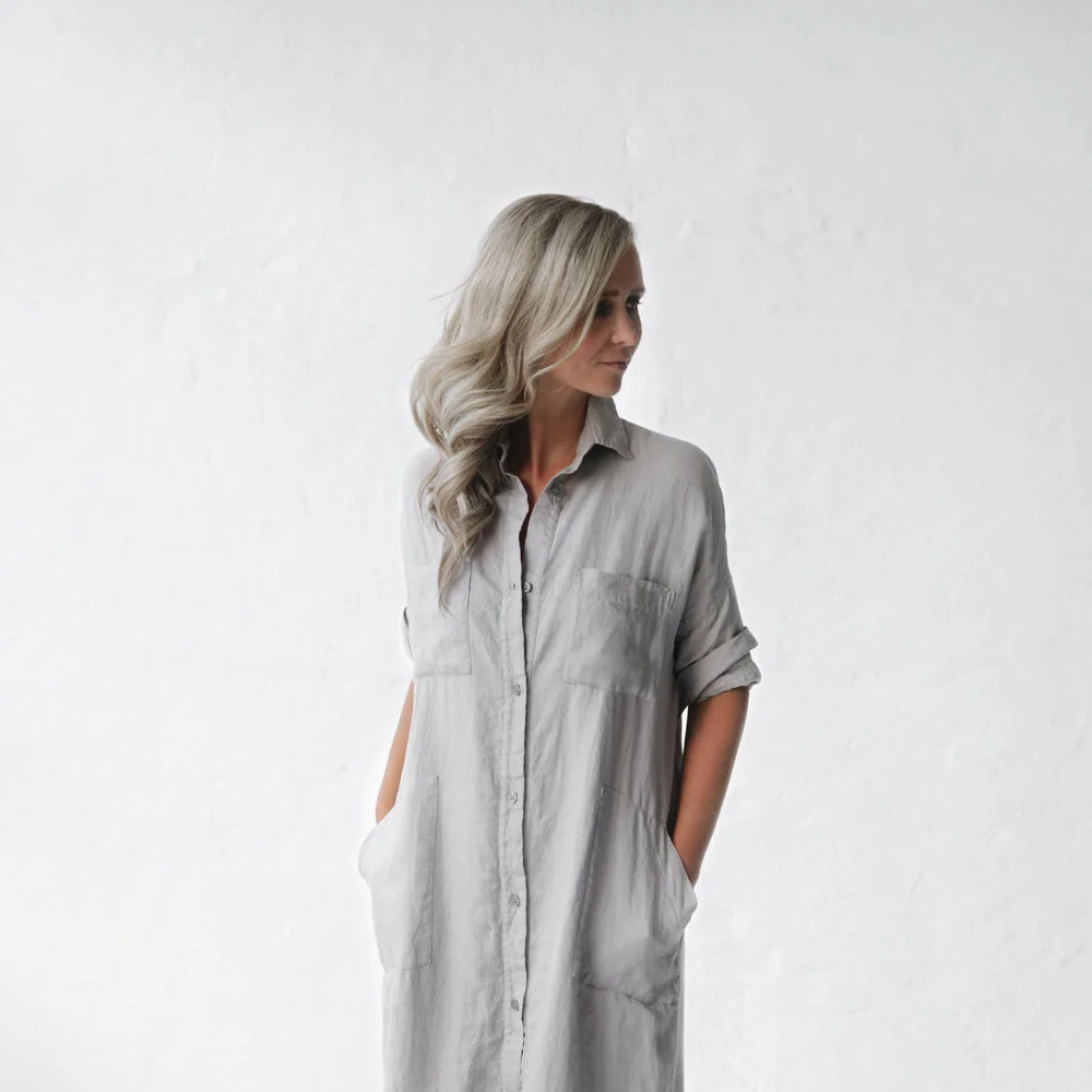 linen shirt dress maxi light grey 