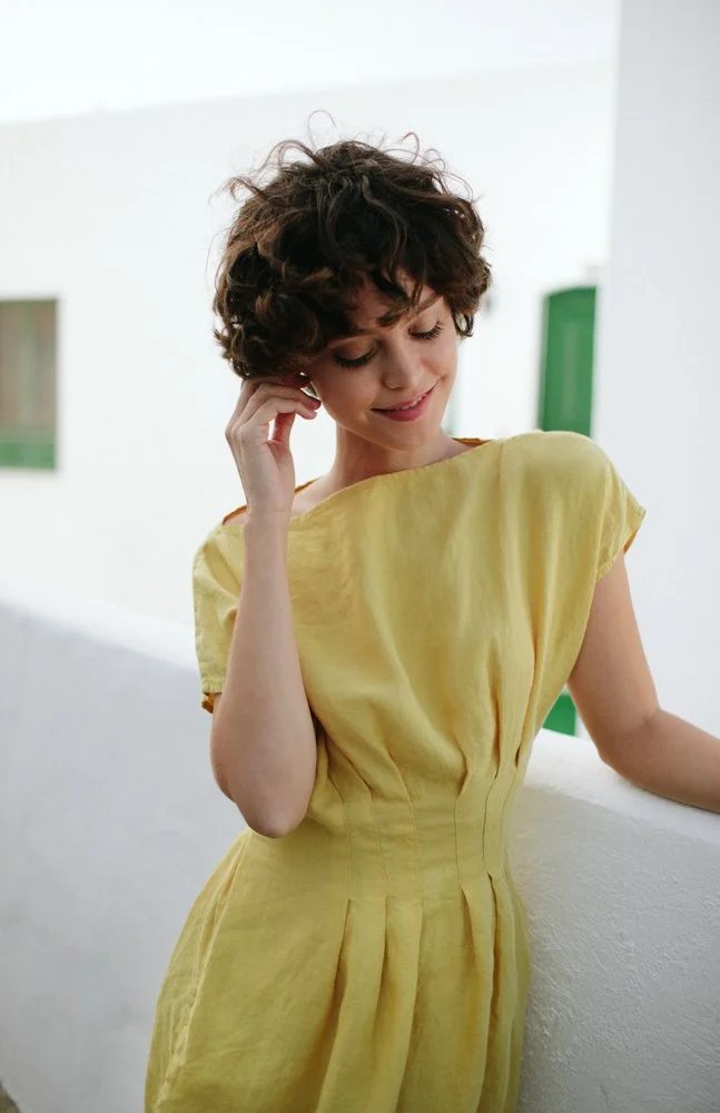 chinese dress ladies Loose Women Linen Yellow Dresses Summer Casual Outfits Q9410 FantasyLinen