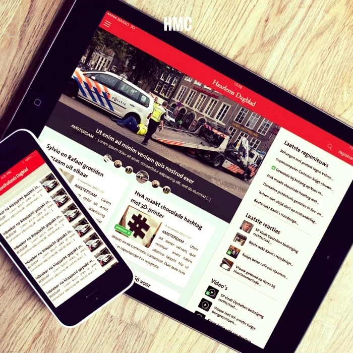  HMC is publisher of some of the larger regional newspapers in Holland. We’ve developed apps for five of the largest titles.  Noordhollands Dagblad  Haarlems Dagblad  de Gooi- en Eemlander  Leidsch Dagblad  Ijmuider Courant  The apps are all hooked up to the newspaper’s digital subscription backend for premium article viewing. Editors can flag articles they publish as ‘breaking news’. Push alerts are sent out to all users of the apps so they are able to follow the story as it unfolds.  To make development as convenient as possible for the client we’ve rolled these apps into one shared code-base. So any changes made are replicates along all titles. That’s what we like…. convenience, all in the best interest of the client! 