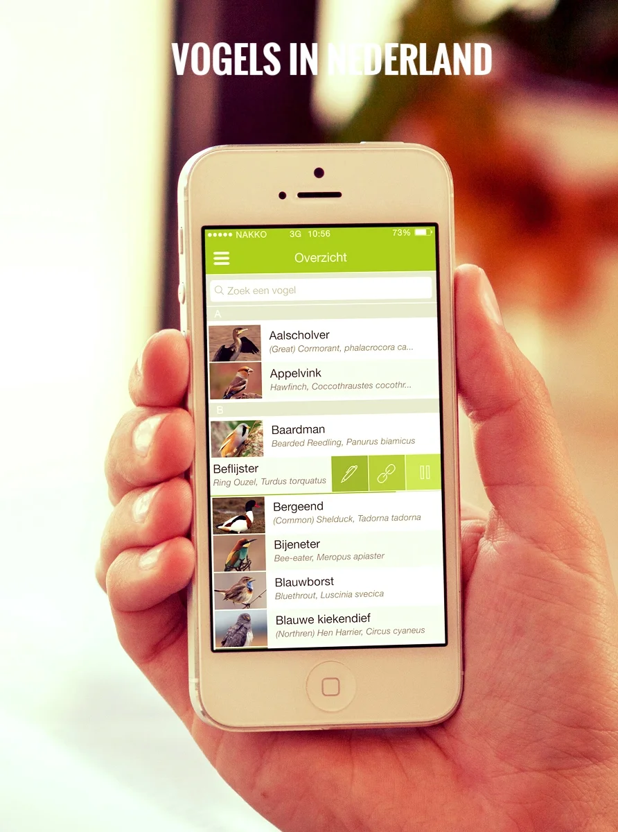 The “Vogels in Nederland” app provides a plethora of data about Dutch indigenous birds. Beautiful photography &nbsp;combined with relevant data,&nbsp;sounds and storage of your personal observations . In-app purchases include elaborate determining tools allowing a user to find out which bird they've spotted. 