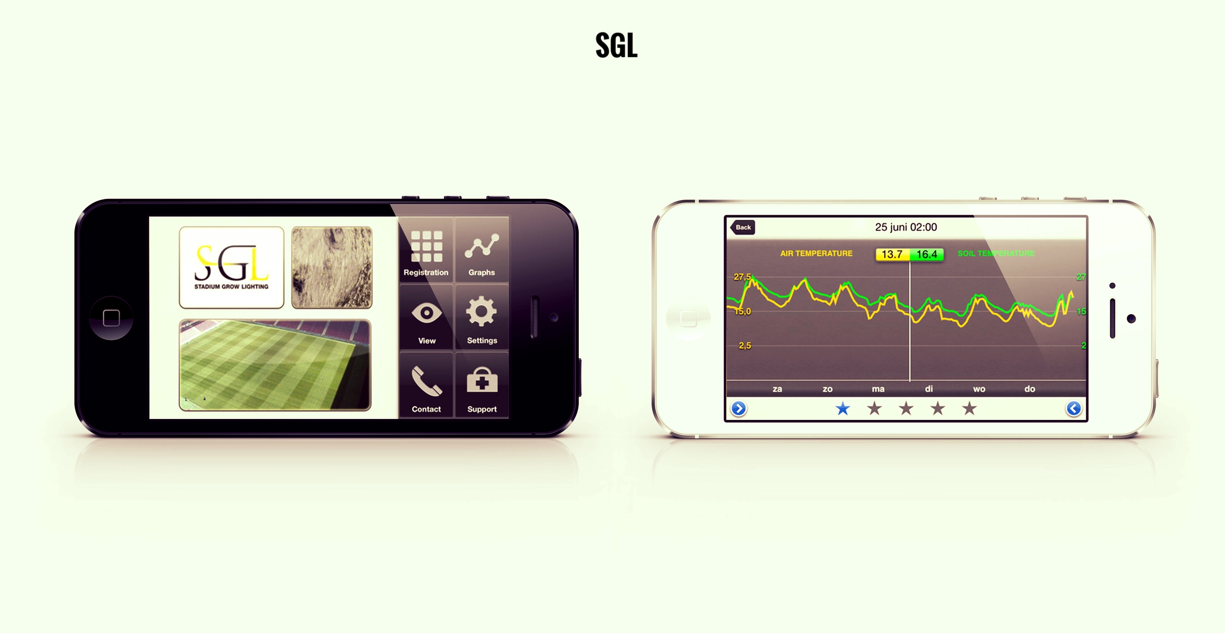  Ever wonder why every top stadium has this beautiful green pitch? We’d like to say it’s because of us… but no, it’s because of our client SGL. The app we built them only takes a small part in this but we’re proud nonetheless! Yes Arjan Robben, you should be thanking us for all those soft landings!  Features:  •Possibility to have your latest uploaded PitchCam image on the home page.  •Registration of lighting hours.  •Registration of Pitch usage hours.  •Add a photo to a section of the grid and compare it with other photos of that section.  •Add a comment to a section of the grid.  •Analyze the data of your SGL Analyser.  •Create and save your favorite SGL Analyser data charts.  •Comparison of lighting- and pitch usage hours with other SGL customers.  •Send a photo of a problem area to SGL for technical support. 