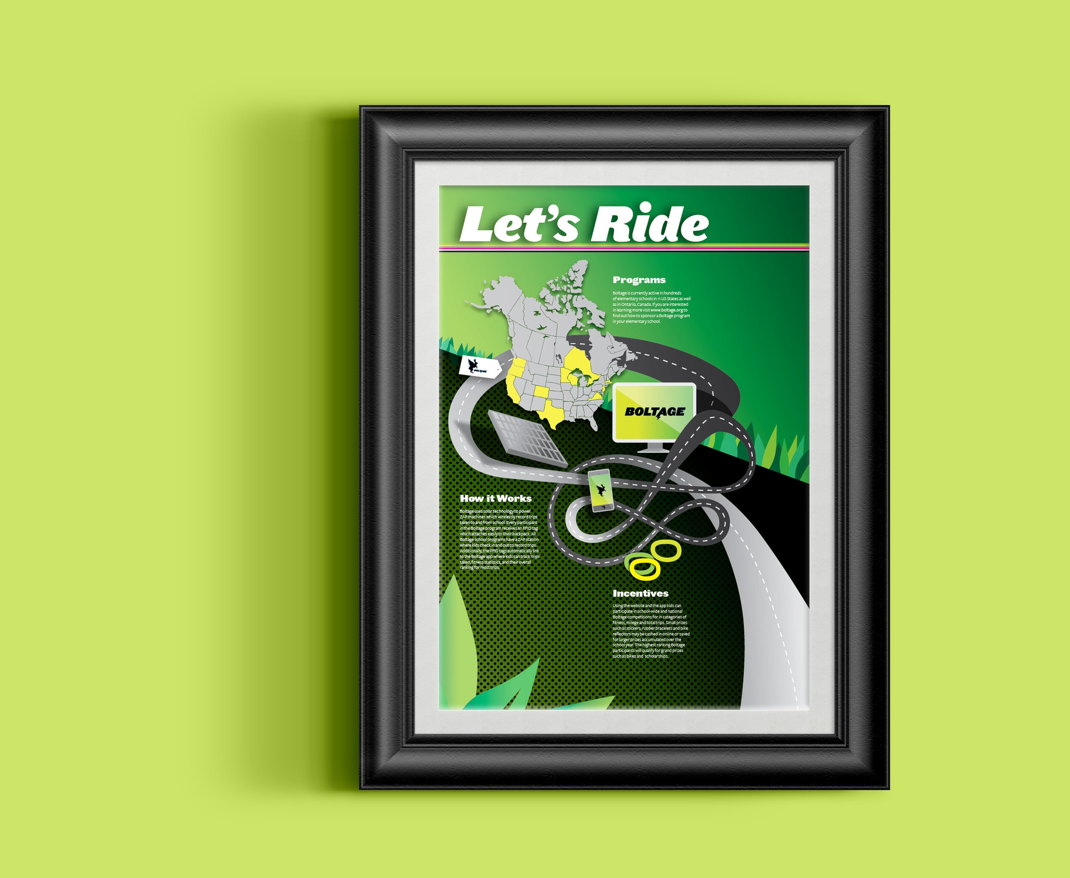 Simple chip technology monitors how kids get to school. Each active trip logged is rewarded with a point, which can be managed and cashed in on the Boltage website and app for prizes. In addition to encouraging exercise, the Boltage program tea
