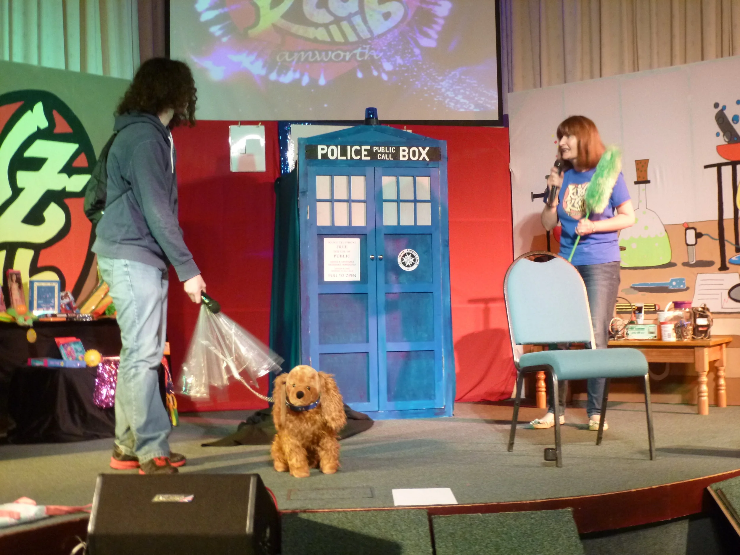  Scenes from  ‘Supernatural God’  series. In these sessions inventors from the past make an appearance on the kids club stage, having travelled by a time machine. 