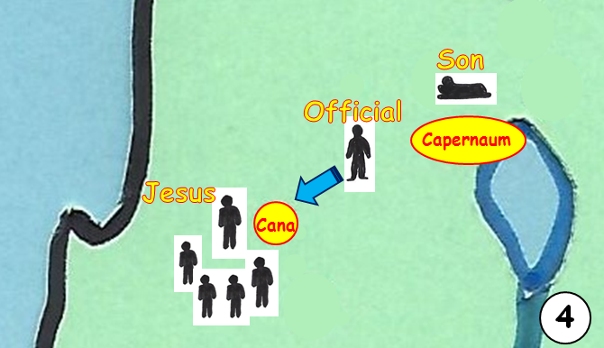   SLIDE 4  Then one day, the news spread that Jesus was actually in Cana, a town about 10 miles away from where the Official lived. Jesus was in Cana! This was his opportunity, his big chance. He would go to Cana straight away in search of Jesus. 