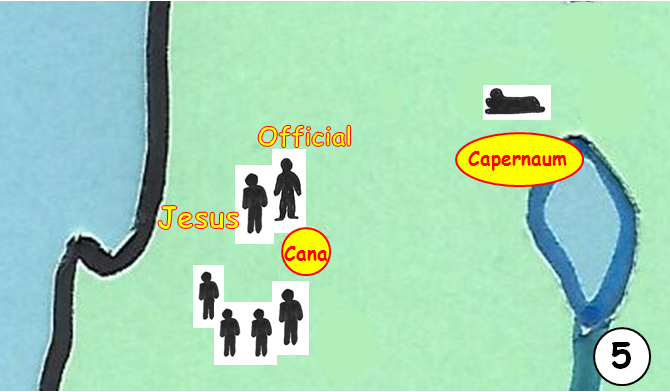   SLIDE 5  He arrived in Cana, found Jesus and begged him to go to Capernaum with him and heal his son. But there were so many people around and they all wanted to see Jesus. The Official got desperate, how would he ever get Jesus away from all these