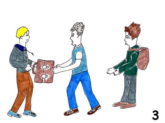   Slide 3  Suddenly, without any warning Karl grabbed hold of Jake’s bag with the DVD in it. Jake tried to hold on to the bag but Karl had taken him by surprise. Karl tugged at the bag as Jake tried to hold on but Karl had got a good grip with both h