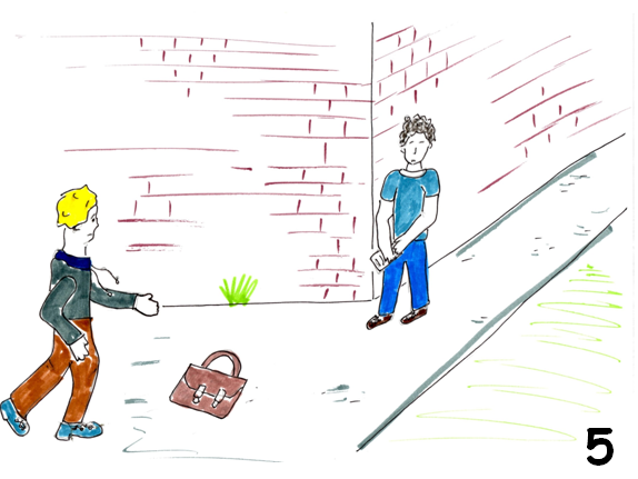   Slide 5   Rod, who had hurt his foot playing football couldn’t run after Karl but thought that Jake would get the bag back OK, as Karl had dropped it on the pavement.  Suddenly Rod realised that everything was not OK as he saw Jake kneeling on the 