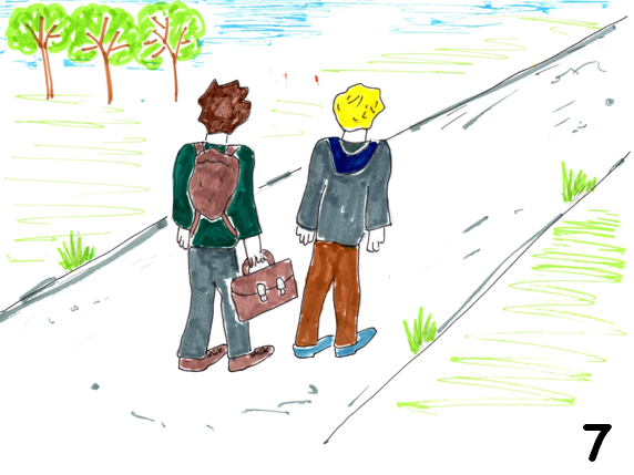   Slide 7   Rod picked up Jake’s bag and helped him up. He told him that he would call for him the next day and that he would sort out with Karl the return of the stolen DVD. If Karl didn’t give it back, Rod would get their teacher involved.  On thei