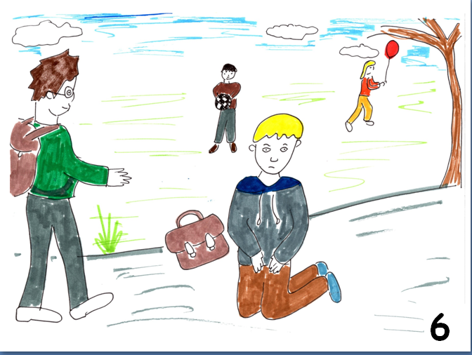   Slide 6  Rod realised that he needed to help, he hobbled down the road as fast as he could to Jake. He comforted Jake and said that he would walk him home even though it was much further on than his own house.  There were a number of other kids aro