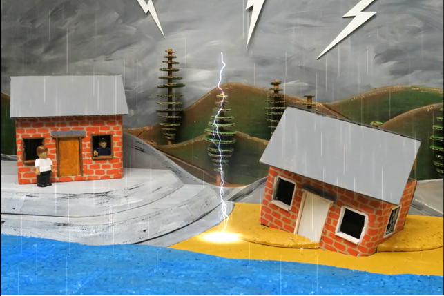   SLIDE 13  Suddenly, the house built on the sand started to shake. The builder had to quickly get out and move to safety, meanwhile his house slowly started to sink into the sand. Oh no he thought what is happening! 