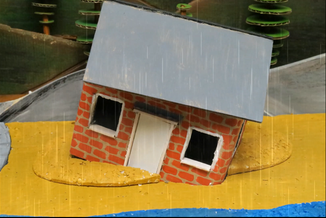   SLIDE 14  The house built on the rock stood firm and solid, but oh dear, the house built on the sand sank deeper and deeper into the ground. 