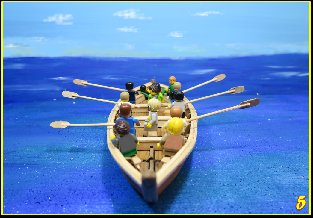   SLIDE 5   The shore line soon disappeared, they hadn’t too many miles to row to get to the other side, and with the experienced fishermen on board, they would be there in no time.   