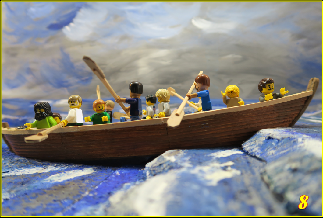   SLIDE 8   Very quickly, really strong winds started to blow across the lake and the sea became quite rough. It was not easy to row with such large waves and the disciples were starting to become concerned.   