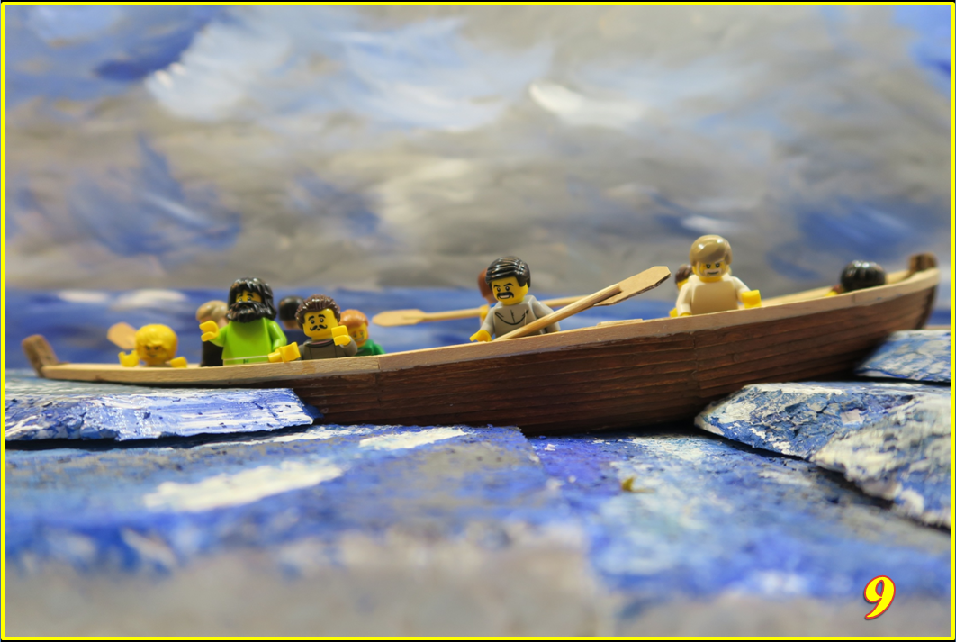   SLIDE 9   All was not well, the winds got stronger and stronger as the waves got higher and higher! They were now in the middle of a fierce storm. The disciples struggled to keep the boat under control, things were not looking good.     