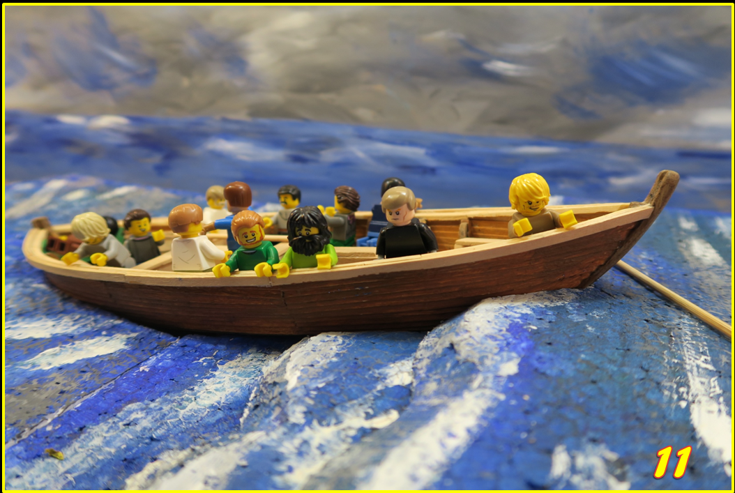   SLIDE 11   The waves threw the boat around about as if it was a toy boat, the disciples were in big trouble now and they had completely forgotten about Jesus, who was still fast asleep at the back of the boat .    