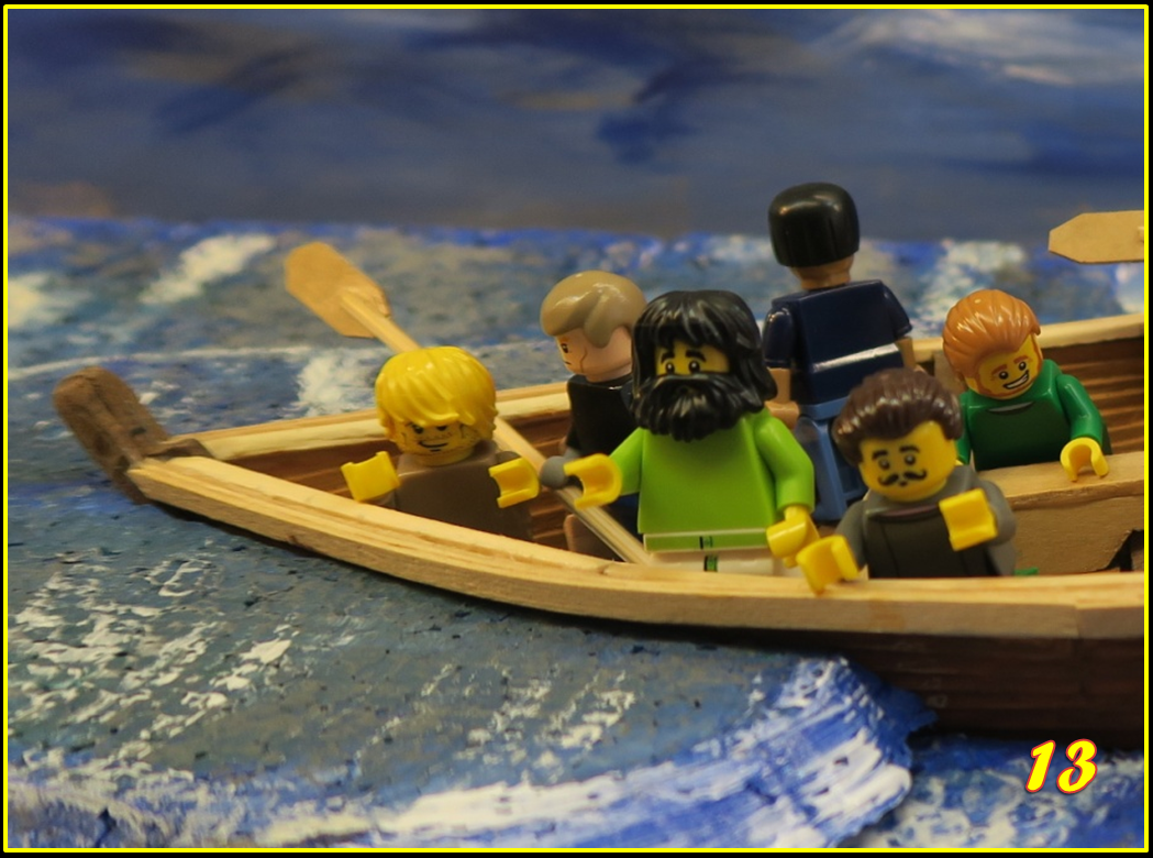   SLIDE 13   As the storm raged, all the time Jesus slept on. The waves were so big, water started to come into the boat!     