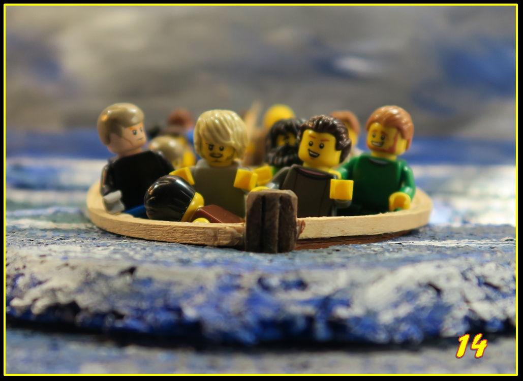   SLIDE 14   As the water weighed the boat down and it sank deeper into the lake, the disciples knew that they were in big trouble! They were terrified they would drown. Suddenly, they remembered Jesus was with them.     