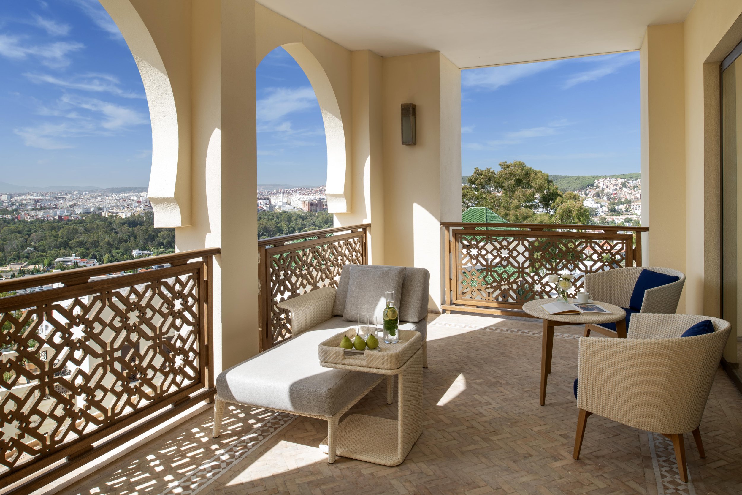 A balcony looking out onto tangle in one of the Fairmont Tazi Palace suites
