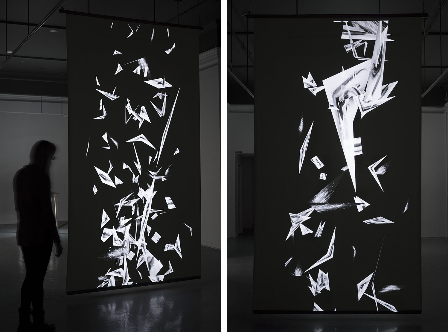 Endless , 2019, digital projection, 3D animation, rear projection screen, 71x126", 10:00 min. (Installation View) Confronted by a suspended vertical image plane that stands almost 11 feet tall, a projection displays 2D images that fold, bend and twist as they meander at varying speeds in an endless stream. A monochromatic composition within a black void, fragmented and invisible forces affect cropped images of female bodies. Together, gravity and wind push and pull the pieces, becoming a metaphor for the ubiquitous trafficking of images in today’s digitized society. This double-sided rear projection invites the viewer to get up close, to circle around it, and to view its almost non-existent depth from the side. The appropriated images used in this animation are sourced from the Internet, found using varying keywords in image searches from files tagged with assorted words: woman, female, female body, feminine, etc. Just like the attributes of the digital image, female representation for me remains in a state of continual flux and instability. Hard to define and pin down, Endless displays this mystifying gesture as a sensation of visual pleasure. The tumbling, folding, and creasing images create a quiet atmosphere within the gallery, where viewers can contemplate if, how, and when these images will settle.