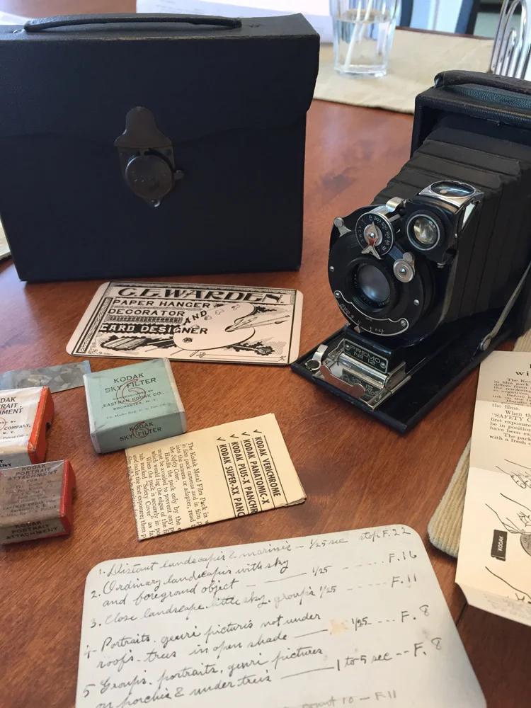 The old family camera, which was made in 1915. My great great uncle's exposure notes were probably made in the 1920s or 30s.
