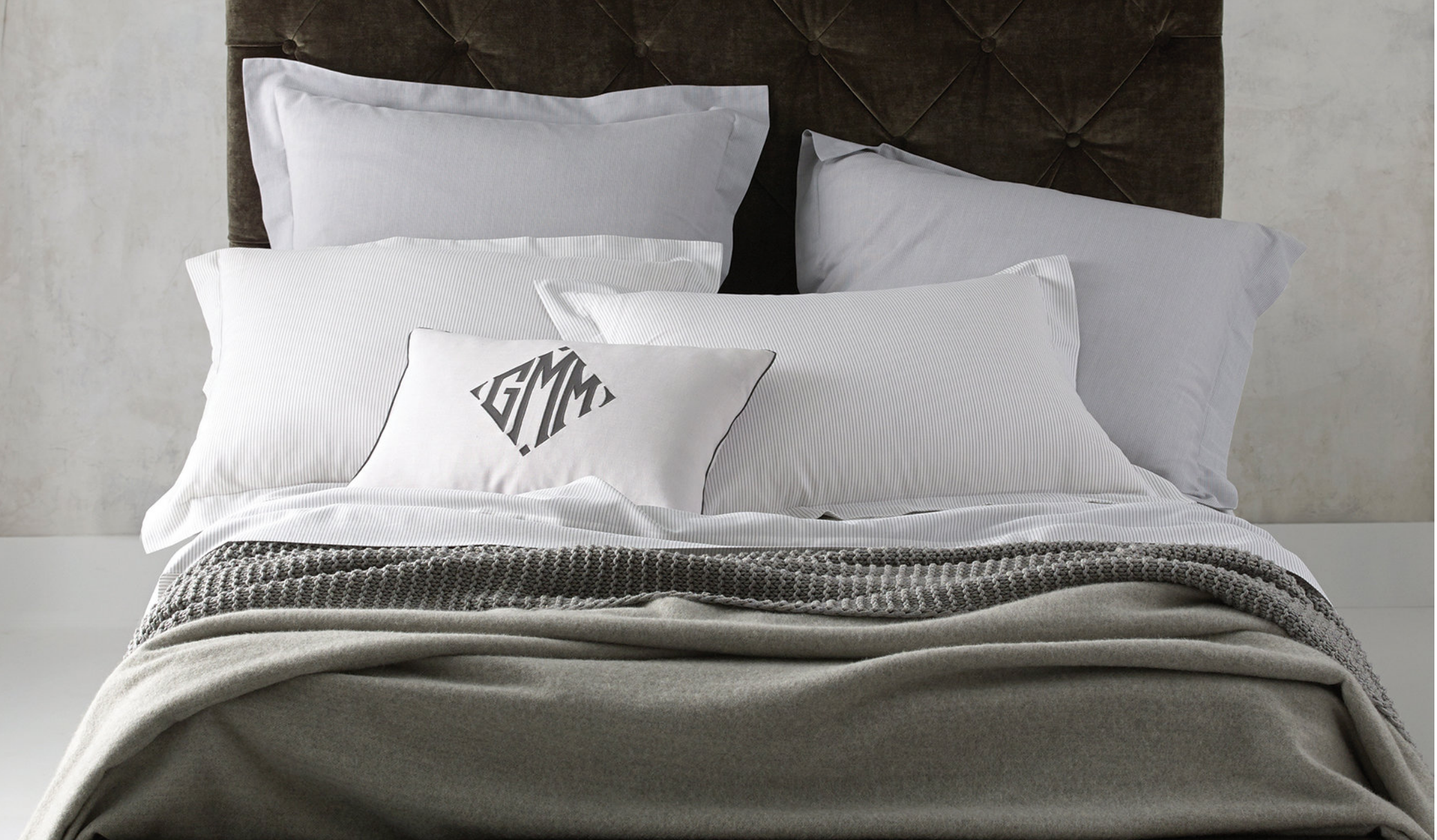 Grey and White Monogrammed Bedding by Matouk, available at A. HOME Summit, NJ