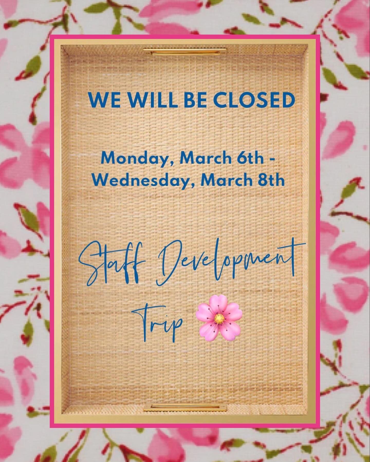 🌸 HEAD&rsquo;S UP! 🌸
Our sweet little shop will be CLOSED MONDAY, MARCH 6th-8th with limited access to emails 3.6-3.8 but as always, our website is open 24/7! 

REOPENING THURSDAY, MARCH 9th at 10am

We CANNOT WAIT to show you what we&rsquo;ll be u