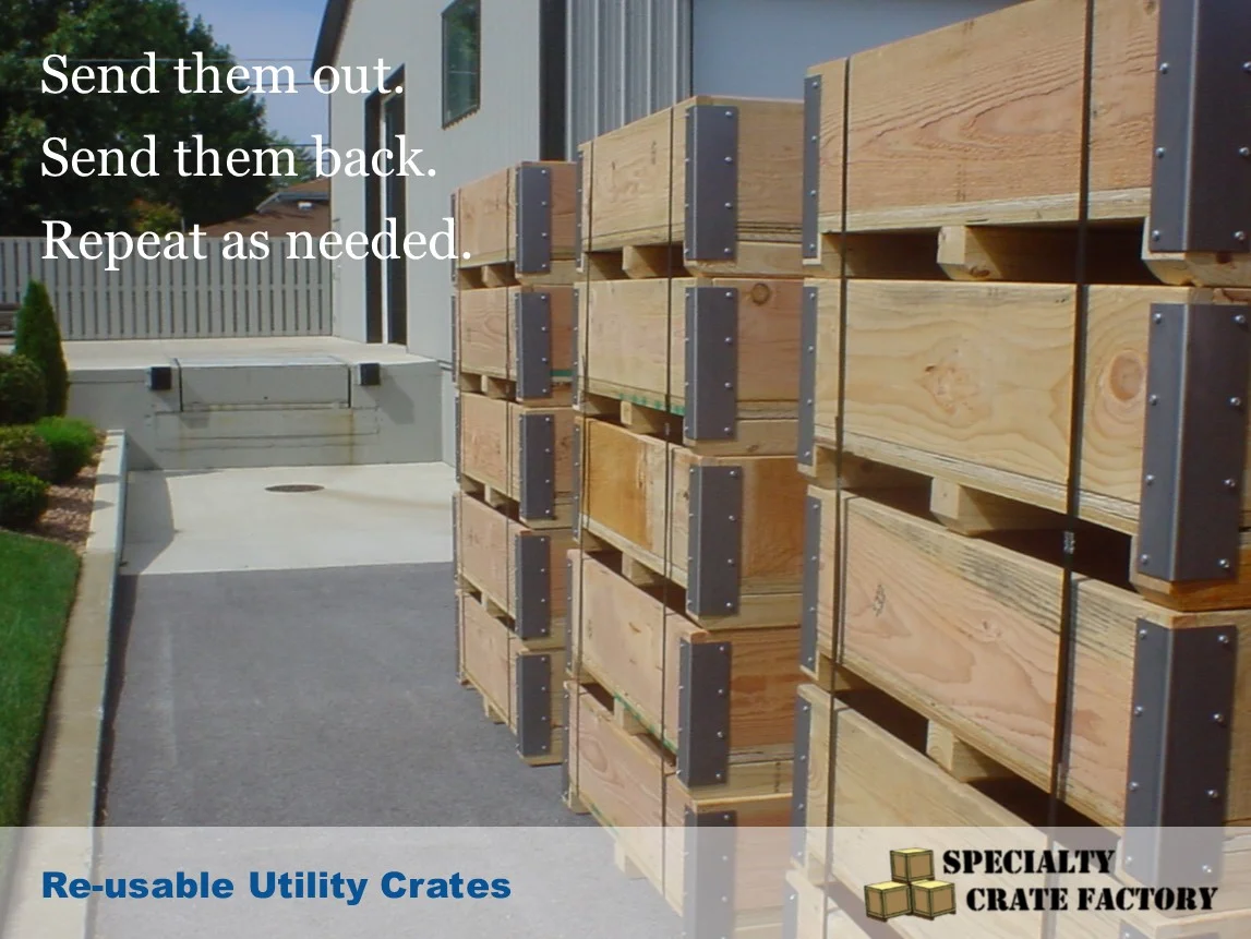 The re-usable crates shown here can be used as bins for pallet rack organization, bulk storage of parts, for tearing down and re-building equipment, or shuttling material back and forth between facilities. (And much more) The steel reinforced corners, and heavy duty construction, make them very durable, and usable for multiple round trips.