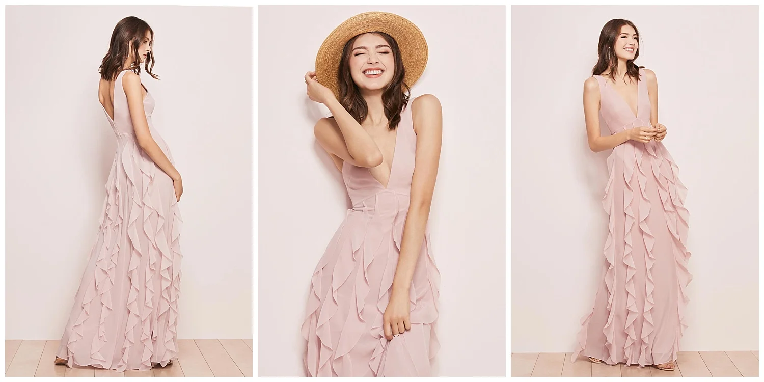 Romantic events=ruffles: in this case, our chiffon dress made with row upon row of flounces draped all the way down to the ground