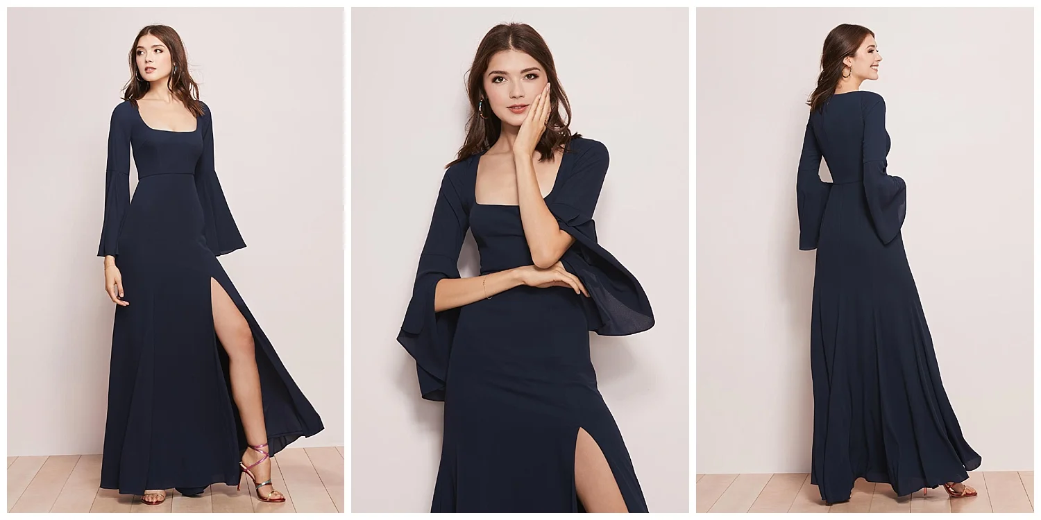 Because sometimes you feel like being (a teeny bit) more covered up, our bell-sleeved A-line Empire style with a sexy side slit exists