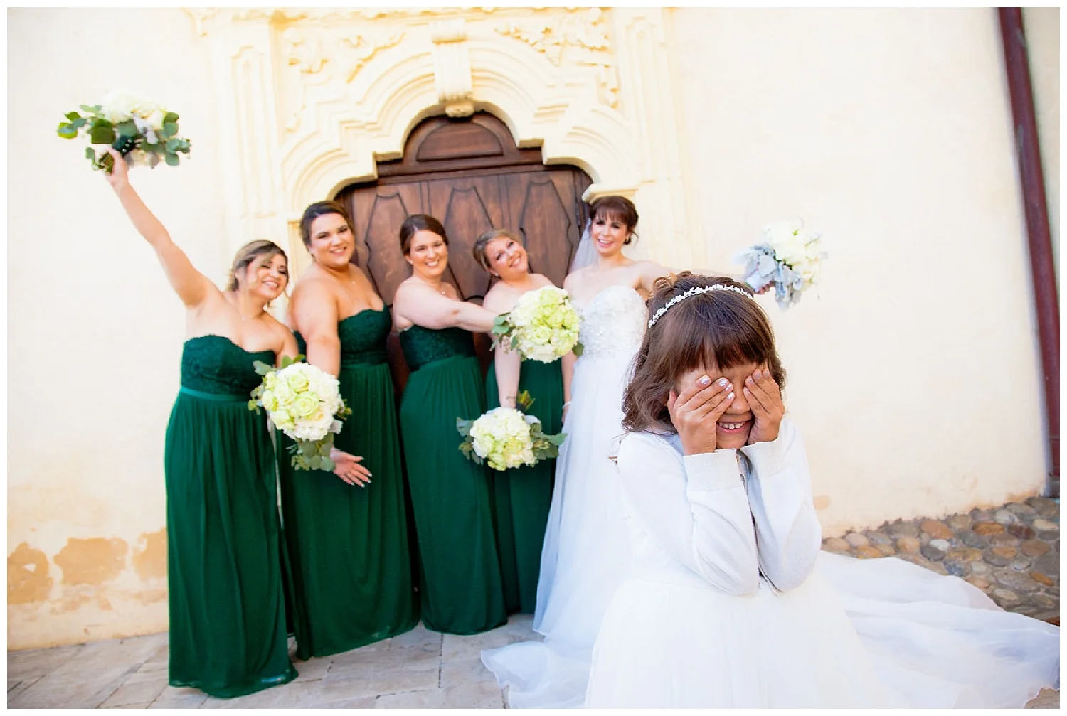 Bridesmaids in green strapless gowns Monterey CA.jpg