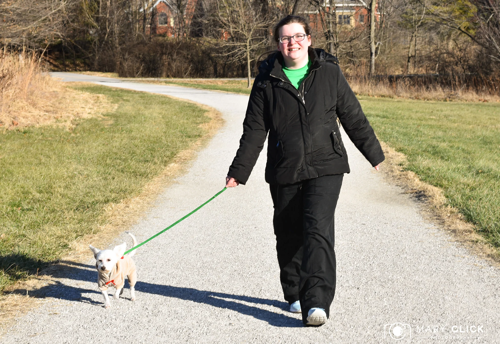 "Ella" walking with Caitlyn (Pet Transport Volunteer cmhspets.org )
