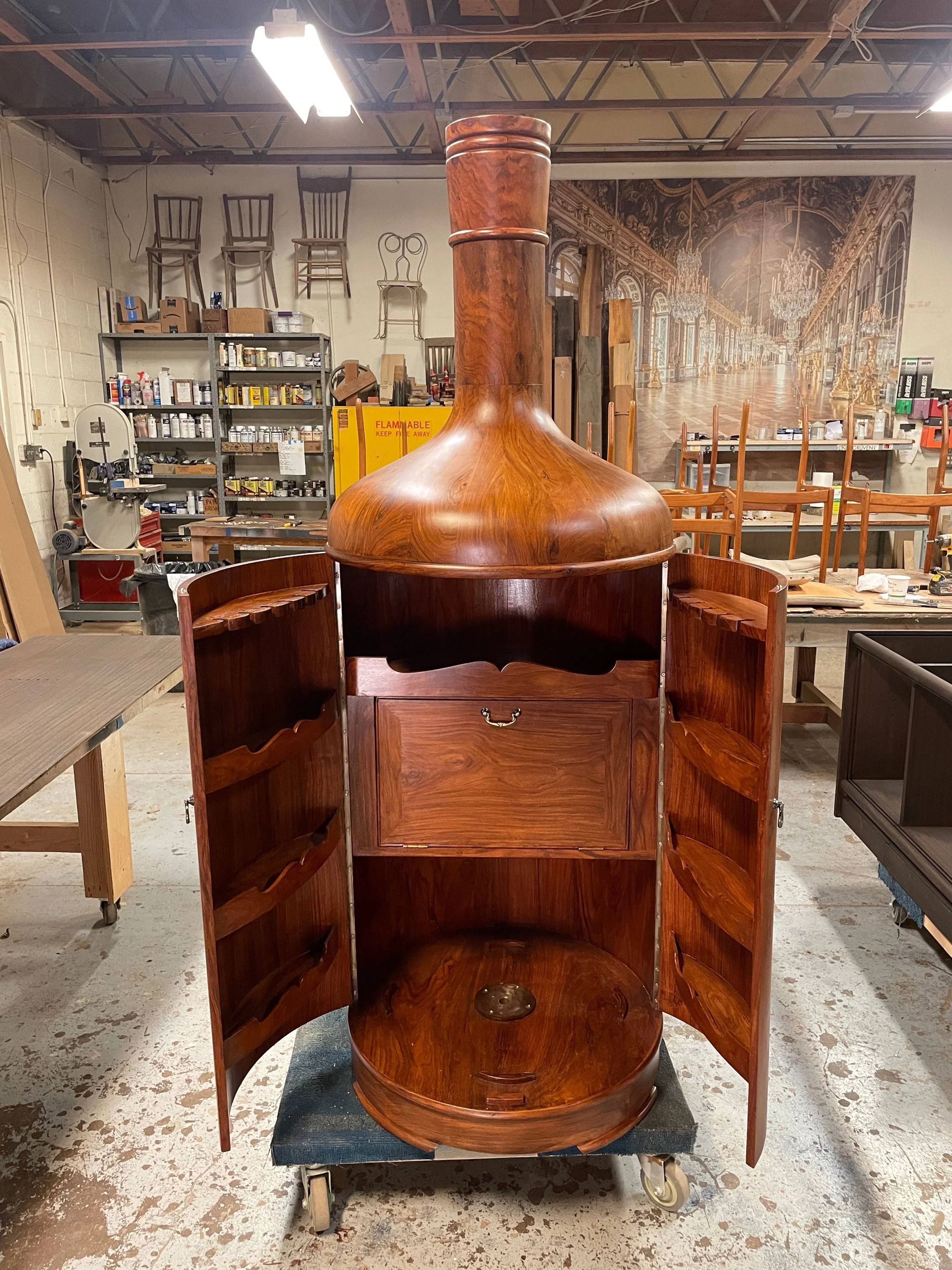 Refinished 7' teak liquor cabinet