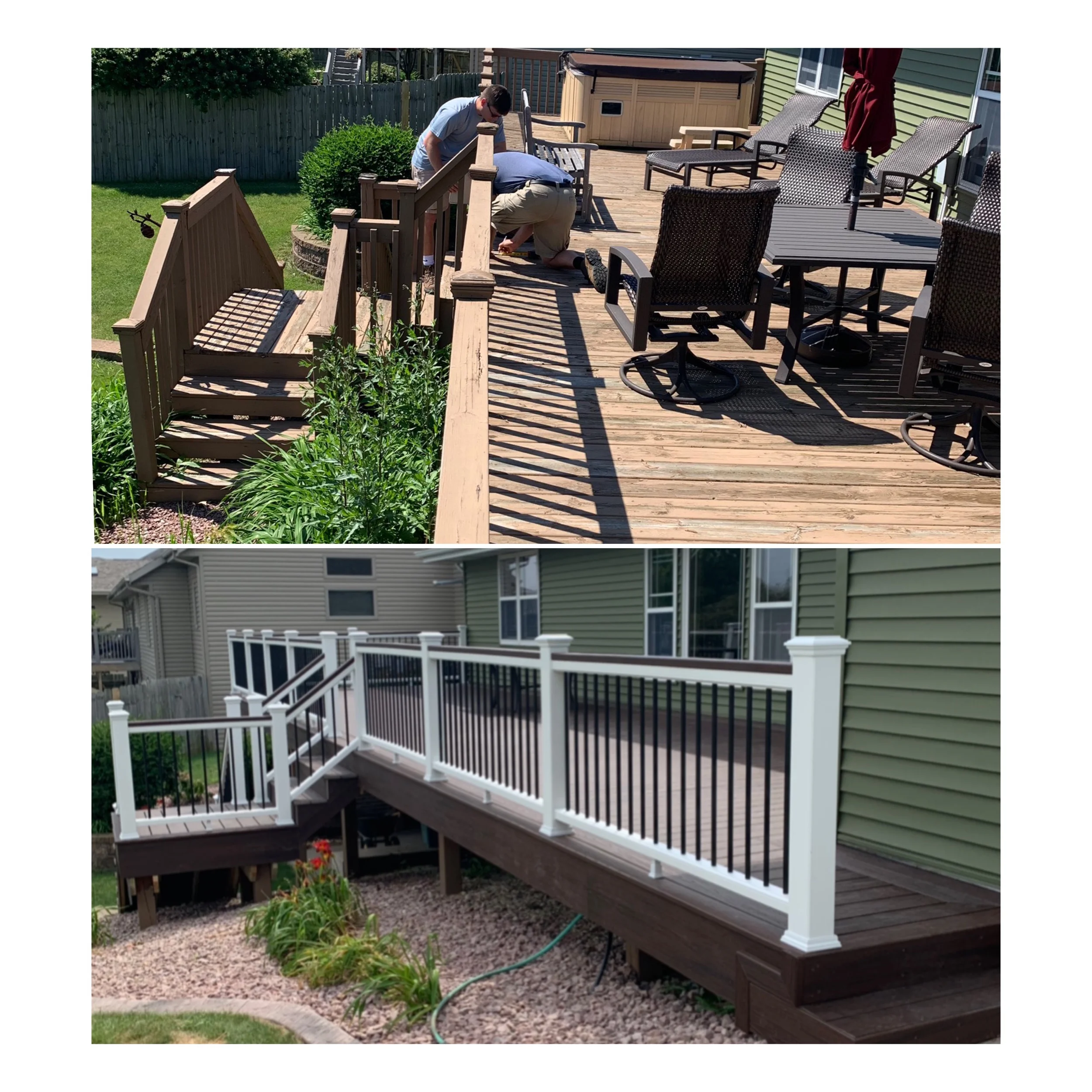 Trex Lava Rock deck boards with white top and bottom rails, Lava Rock drink rail on top of railings, black aluminum balusters and white post sleeves, post skirts, post caps. Double picture frame around perimeter of deck.