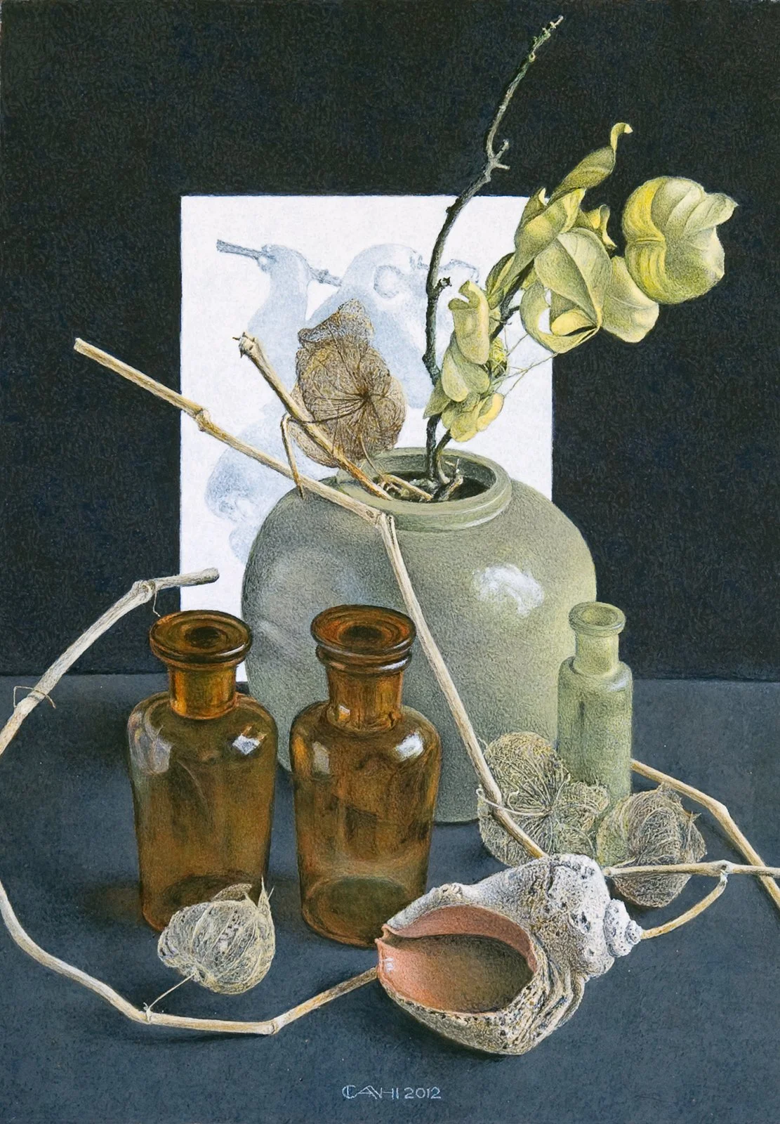 Aap, pot, flesjes, schelp
35,4 x 24,5 cm