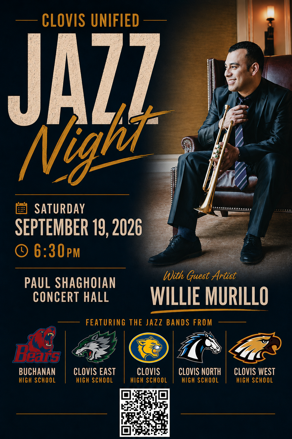 Poster for Clovis Unified Jazz Night with Guest Artist Willie Murillo. Saturday, September 19, 2026 at 6:30pm in the Paul Shaghoian Concert Hall. Features jazz bands from Buchanan, Clovis, Clovis East, Clovis West, and Clovis North High Schools