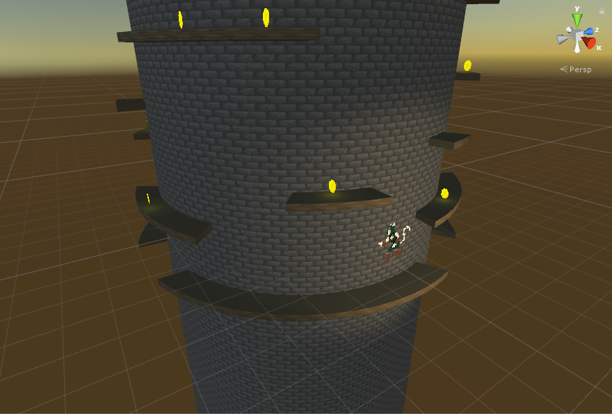 Unity view of Tower Power. Everything in the world is 3D except for the Character and Coins. The camera was placed into an Orthographic view, which helped create the aesthetic of the game we were looking for.