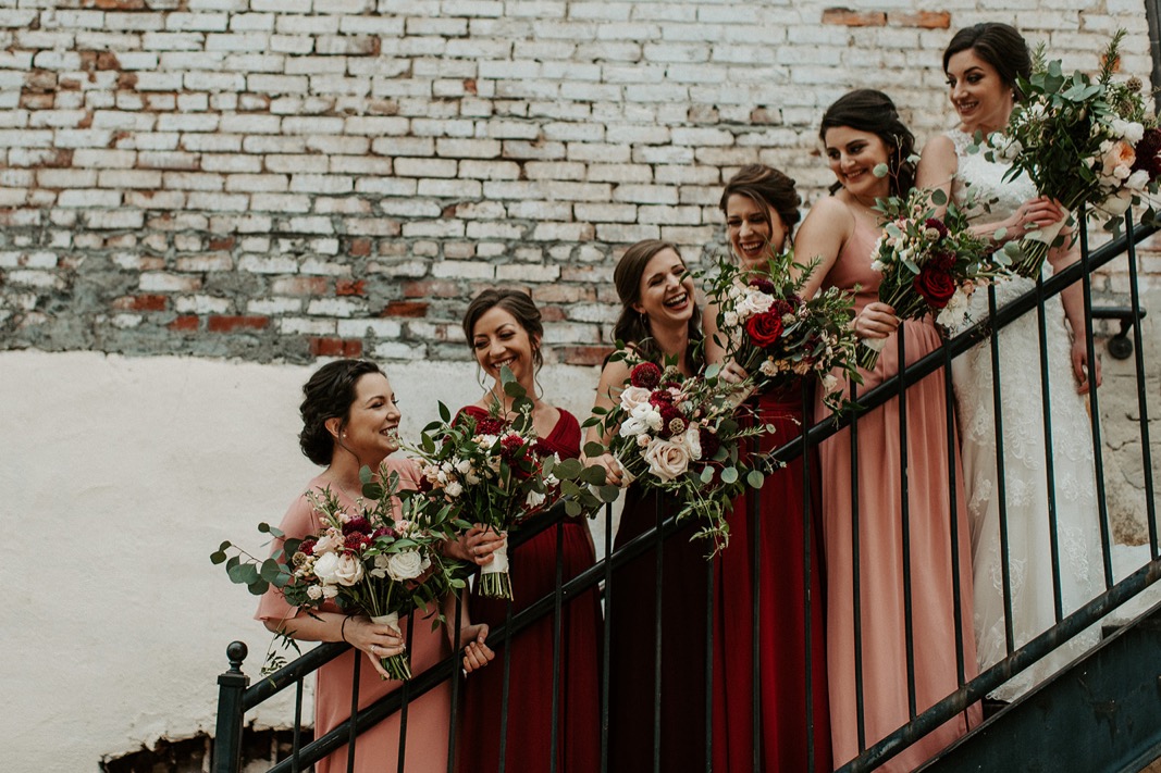 Mismatched Burgundy and Blue Wedding party | Industrial Downtown Birmingham, Alabamam Wedding | Alabama Wedding Photographer