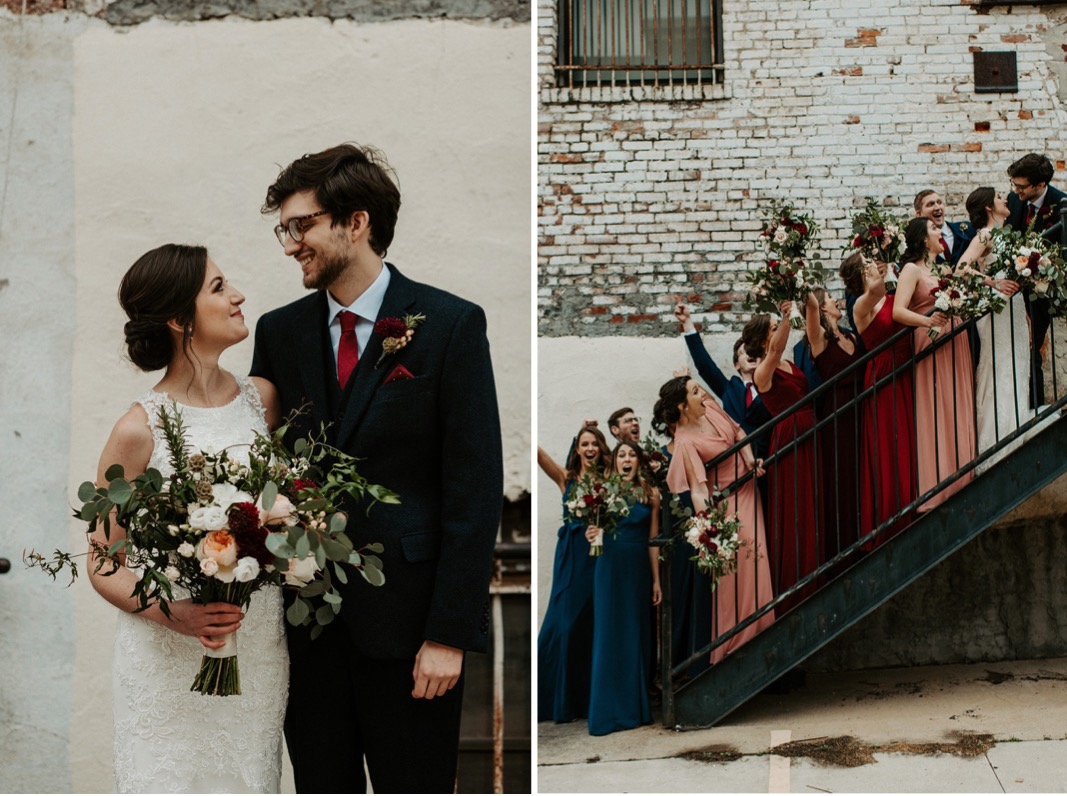 Mismatched Burgundy and Blue Wedding party | Industrial Downtown Birmingham, Alabamam Wedding | Alabama Wedding Photographer