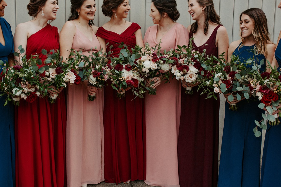 Mismatched Burgundy and Blue Wedding party | Industrial Downtown Birmingham, Alabamam Wedding | Alabama Wedding Photographer