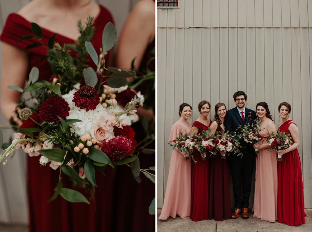 Mismatched Burgundy and Blue Wedding party | Industrial Downtown Birmingham, Alabamam Wedding | Alabama Wedding Photographer