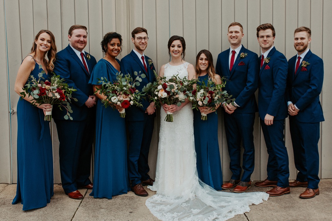 Mismatched Burgundy and Blue Wedding party | Industrial Downtown Birmingham, Alabamam Wedding | Alabama Wedding Photographer