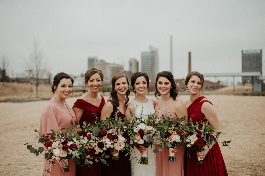 Mismatched Burgundy and Blue Wedding party | Industrial Downtown Birmingham, Alabamam Wedding | Alabama Wedding Photographer