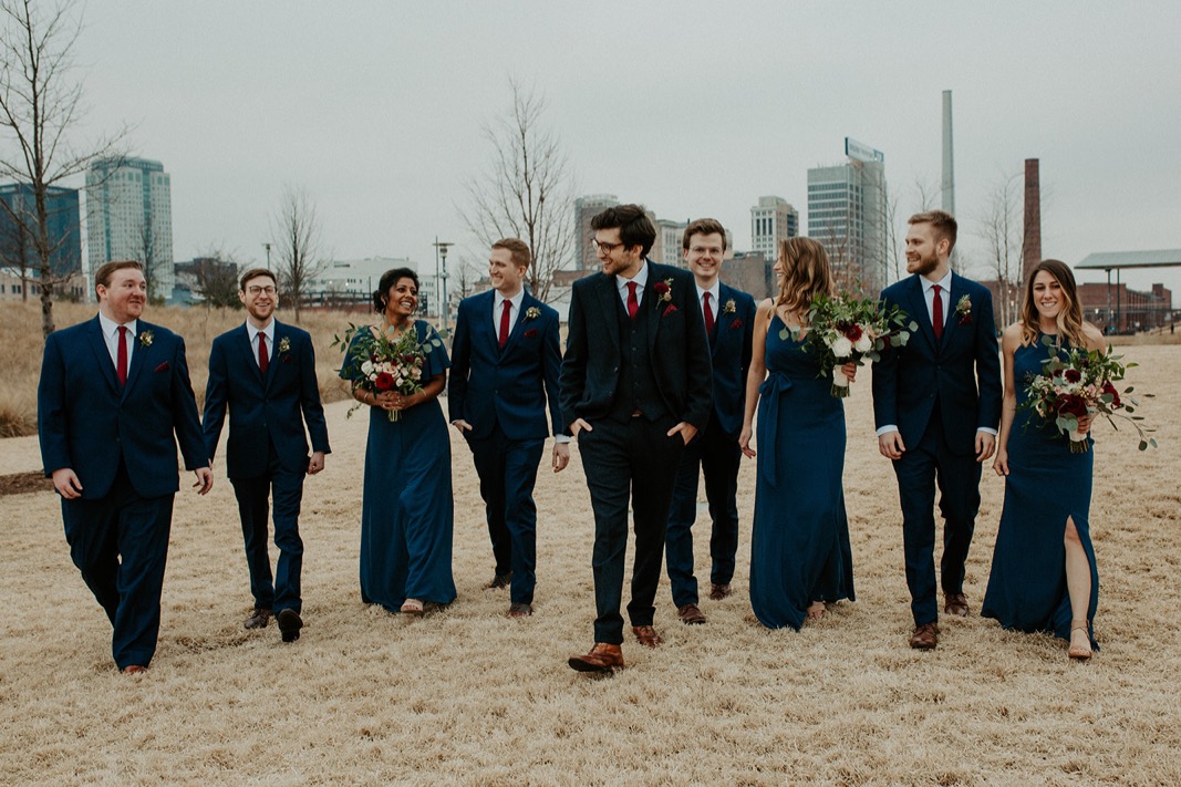 Mismatched Burgundy and Blue Wedding party | Industrial Downtown Birmingham, Alabamam Wedding | Alabama Wedding Photographer