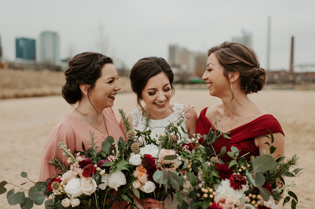 Mismatched Burgundy and Blue Wedding party | Industrial Downtown Birmingham, Alabamam Wedding | Alabama Wedding Photographer