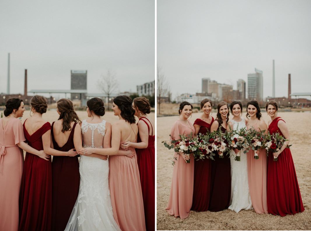 Mismatched Burgundy and Blue Wedding party | Industrial Downtown Birmingham, Alabamam Wedding | Alabama Wedding Photographer